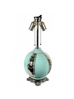Birks Art Deco Ceramic Lamp Celadon with Chrome-Color Decoration Double Socket